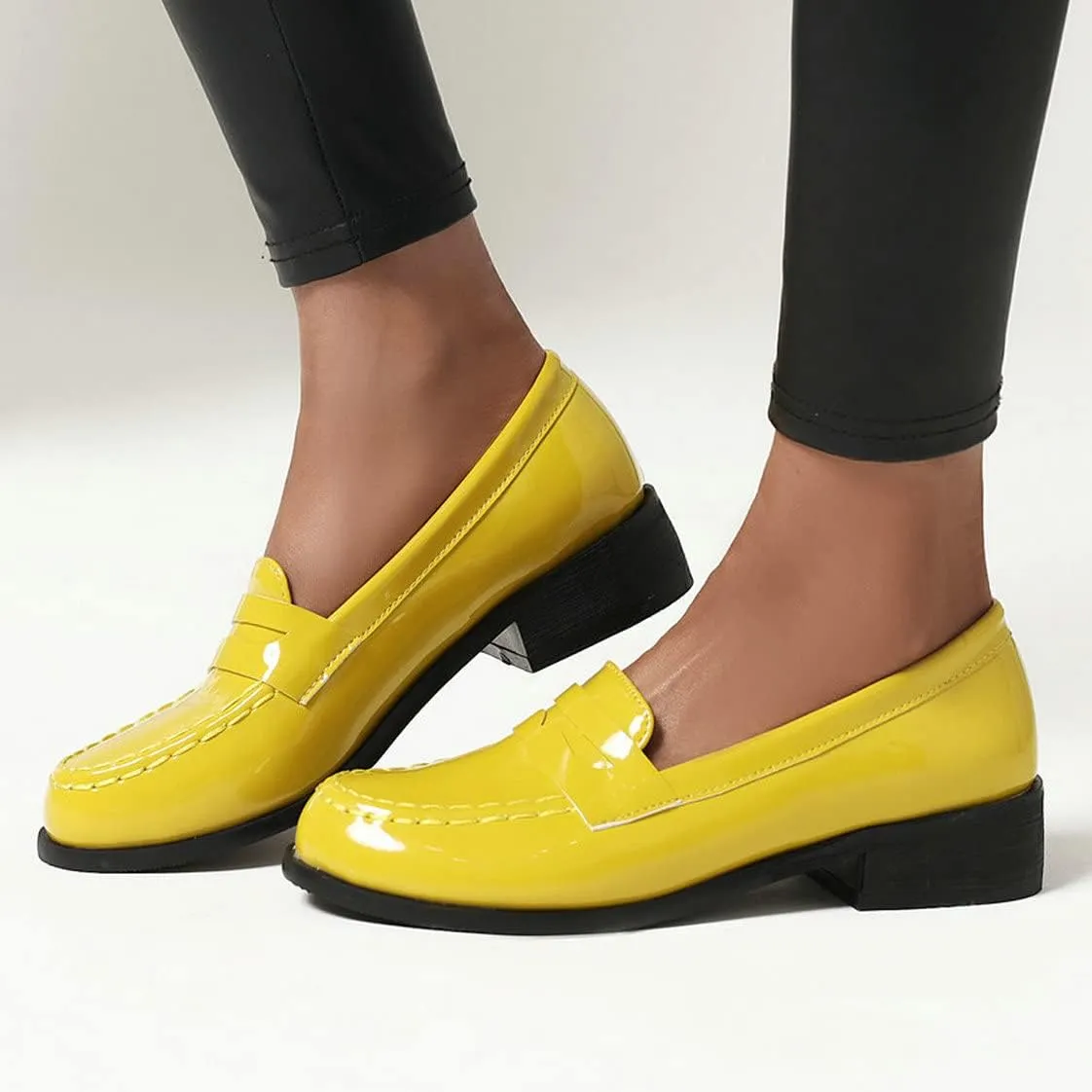 UniqueStride Womens Loafers Flat Shoes Patent Leather Platform Low Chunky Heel Classic Round Toe Pumps