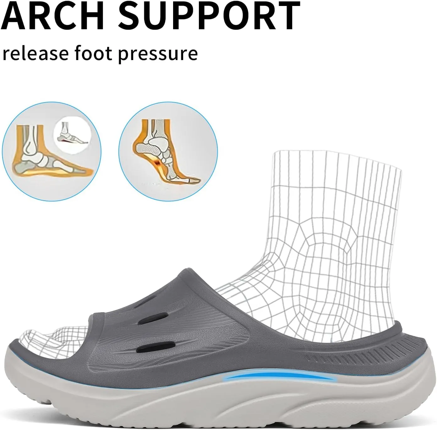 Unisex Adult Recovery Slides, Women and Men’s Plantar Fasciitis Thick Cushion Sandals with Arch Support, Orthotic Athletic Comfortable Lightweight Slippers for Indoor Outdoor