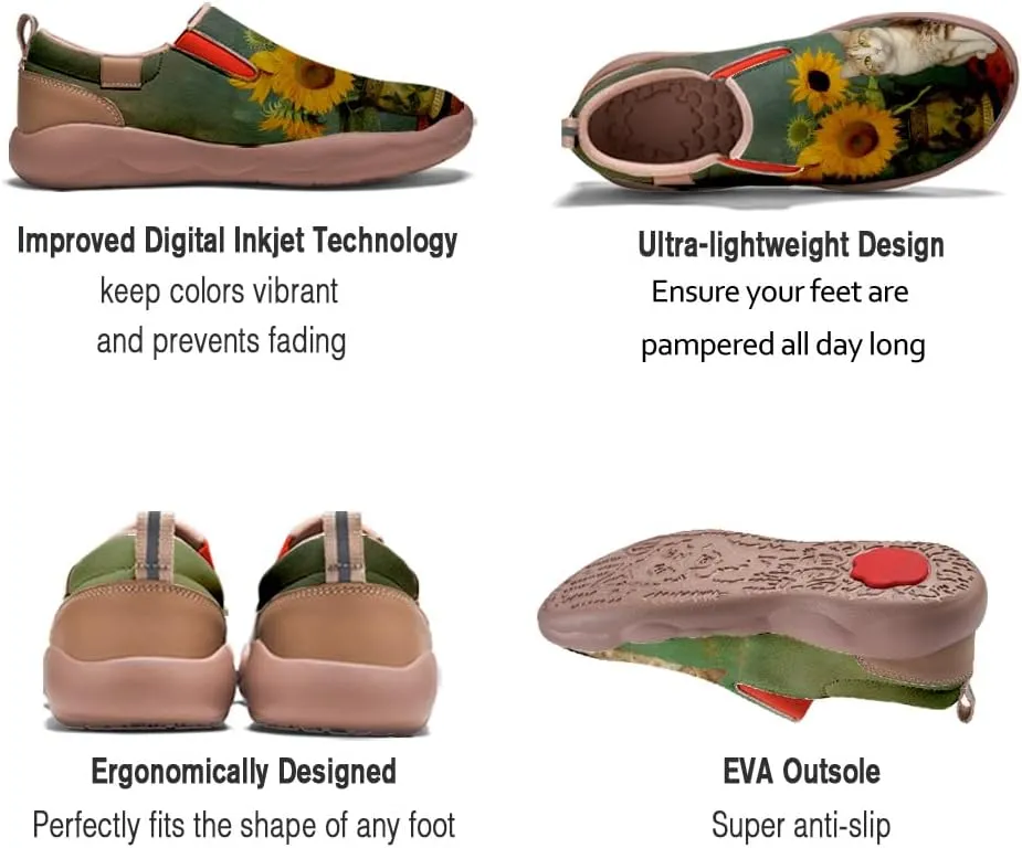 Walking Shoes for Women Slip Ons Casual Leather Loafers Comfortable Art Painted Travel Sneaker Sunflowers