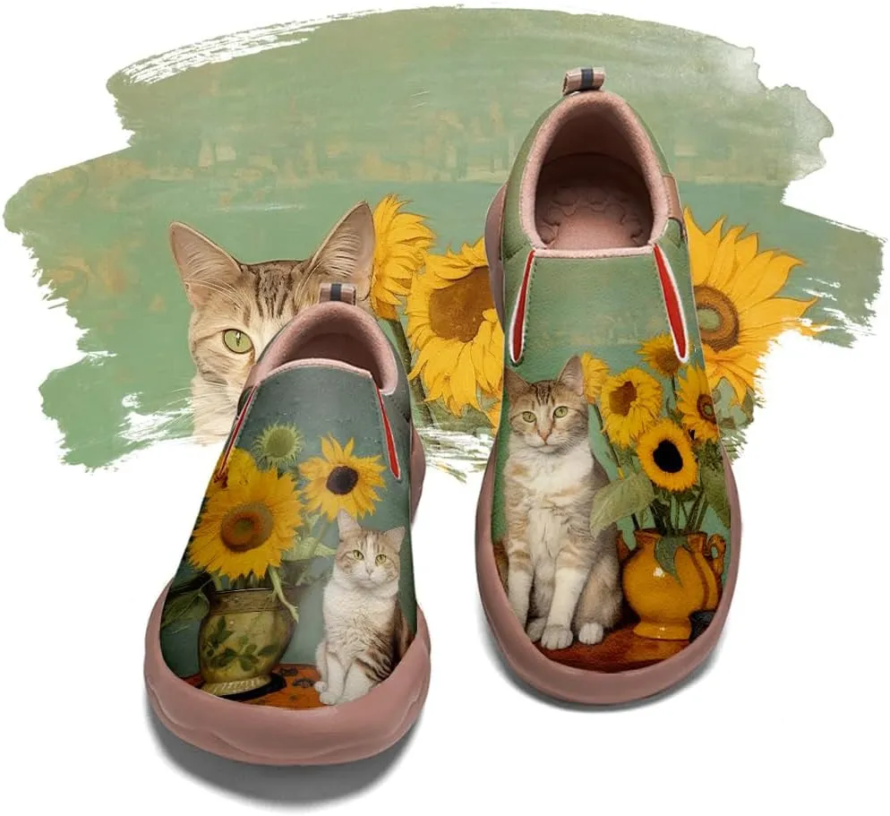 Walking Shoes for Women Slip Ons Casual Leather Loafers Comfortable Art Painted Travel Sneaker Sunflowers