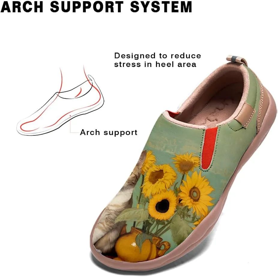 Walking Shoes for Women Slip Ons Casual Leather Loafers Comfortable Art Painted Travel Sneaker Sunflowers