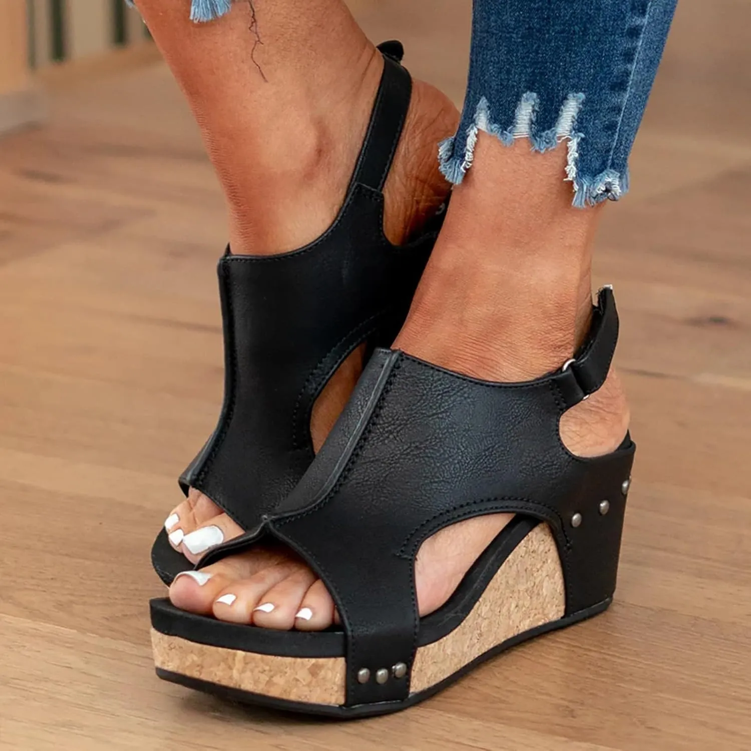 Wedge Sandals for Women, Dressy Platform Studded Comfort Wedge Sandals Women Summer Fashion Peep Toe Slip On Slippers