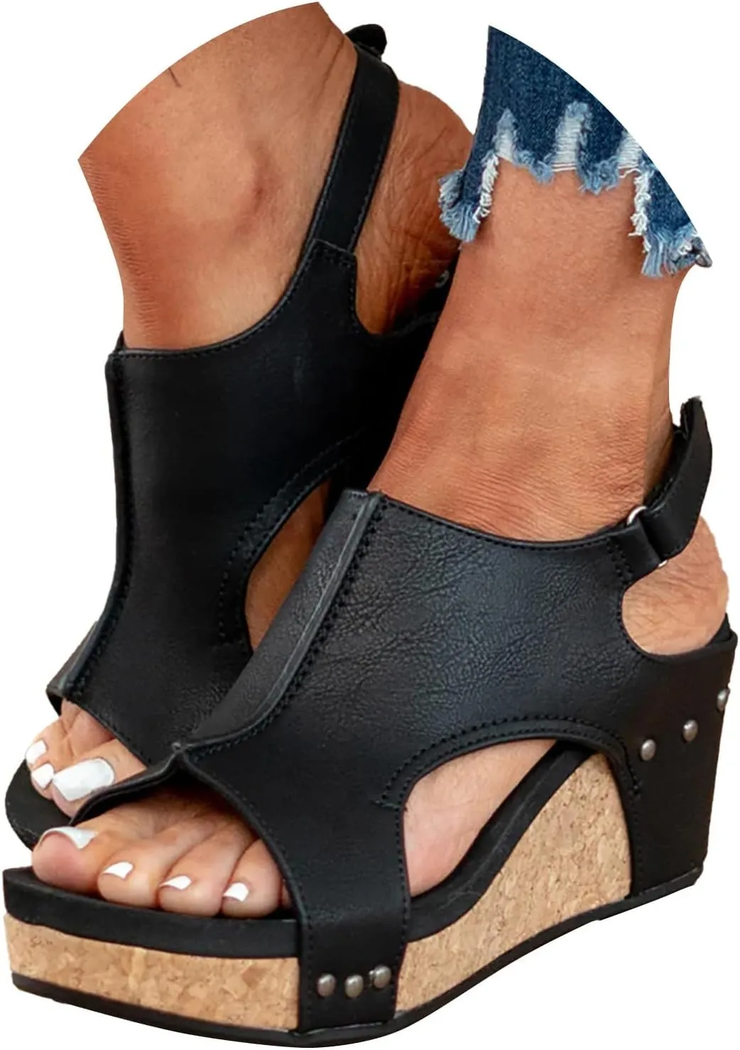 Wedge Sandals for Women, Dressy Platform Studded Comfort Wedge Sandals Women Summer Fashion Peep Toe Slip On Slippers