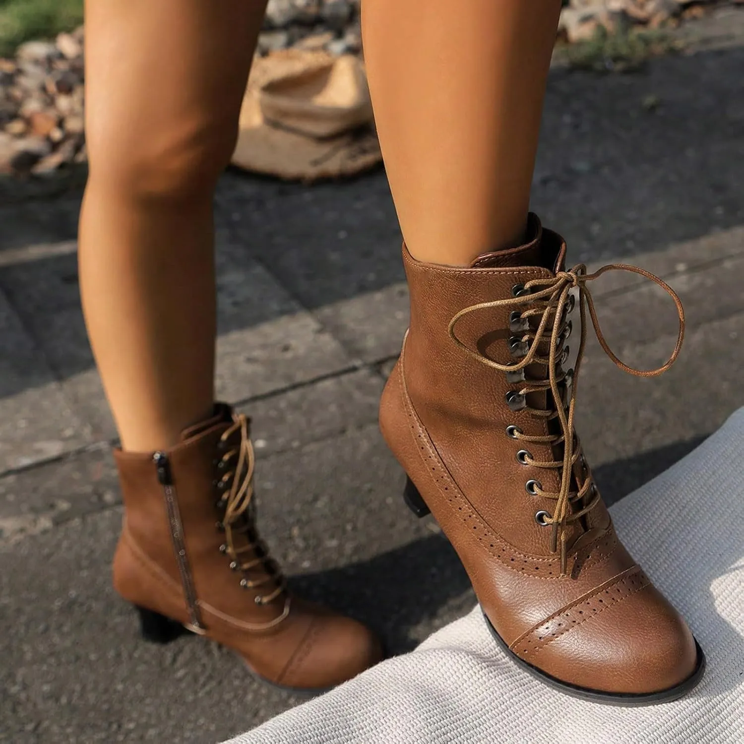 Witch Knight Women's Ankle Boots - Mid Calf, Round Toe, Black, Chunky Heel, Lace Up