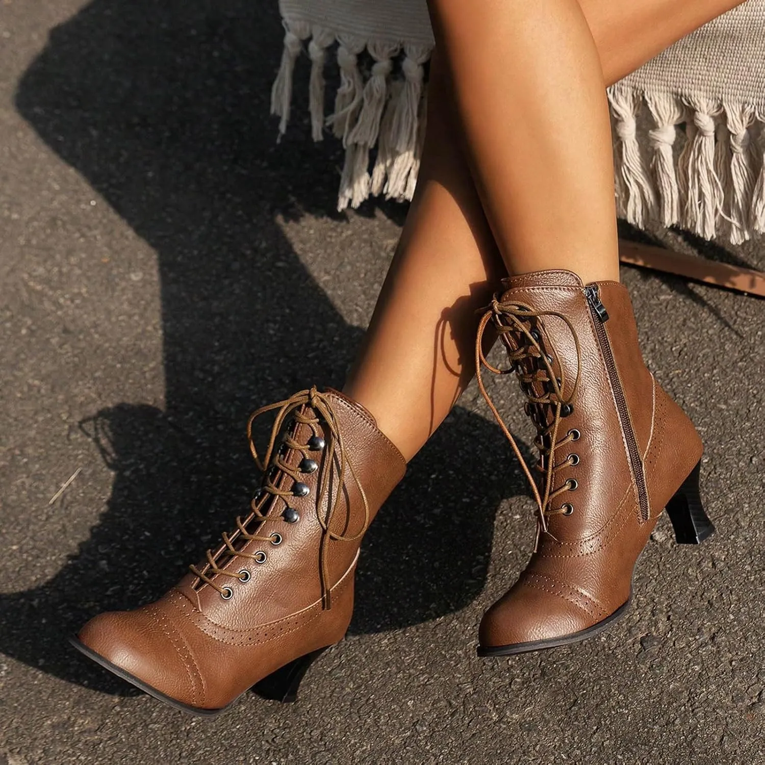 Witch Knight Women's Ankle Boots - Mid Calf, Round Toe, Black, Chunky Heel, Lace Up