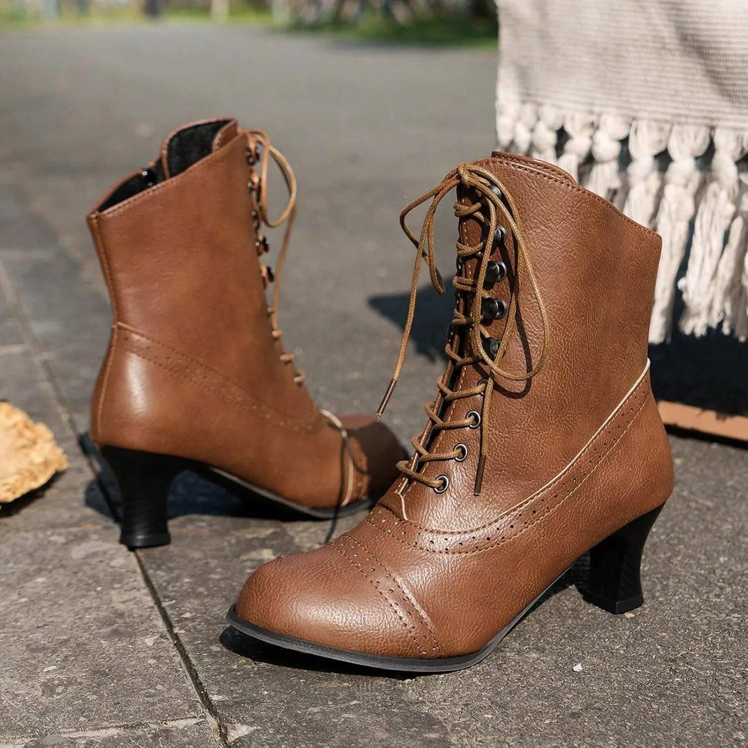 Witch Knight Women's Ankle Boots - Mid Calf, Round Toe, Black, Chunky Heel, Lace Up