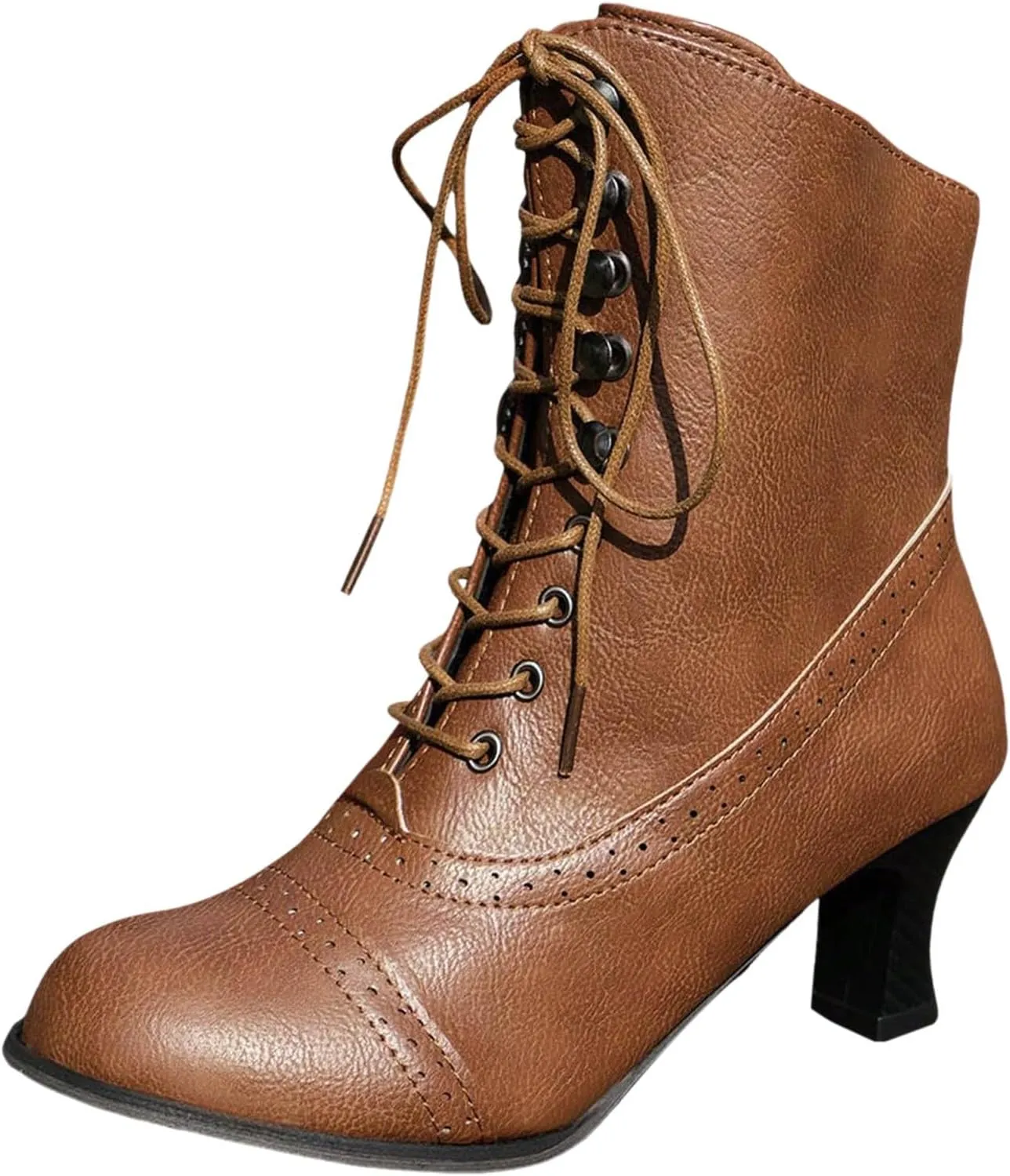 Witch Knight Women's Ankle Boots - Mid Calf, Round Toe, Black, Chunky Heel, Lace Up
