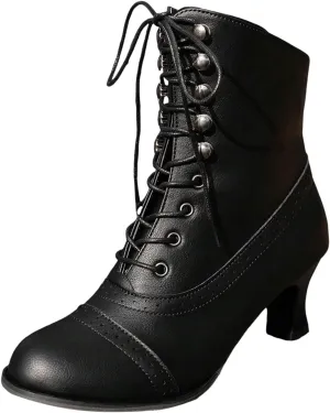 Witch Knight Women's Ankle Boots - Mid Calf, Round Toe, Black, Chunky Heel, Lace Up
