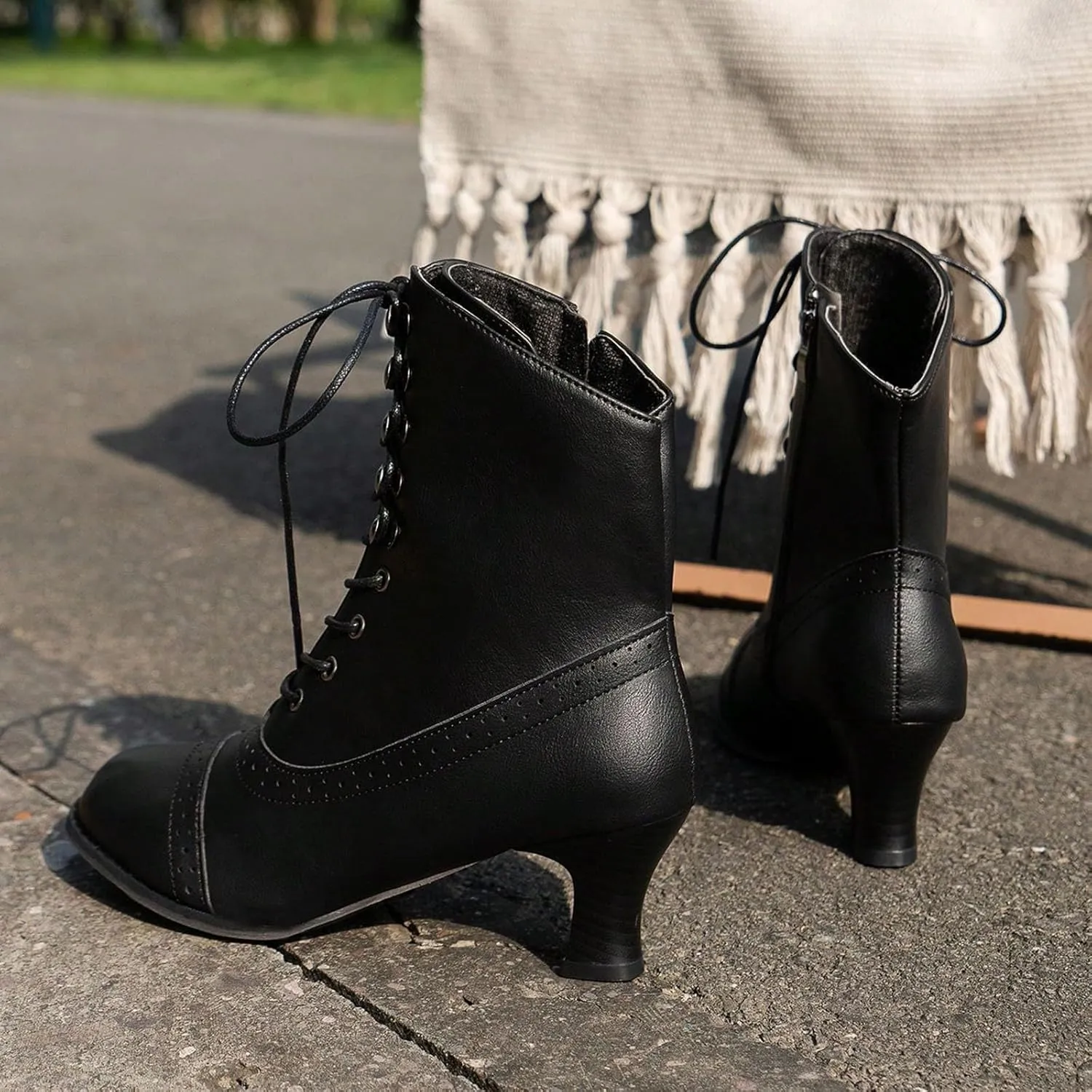 Witch Knight Women's Ankle Boots - Mid Calf, Round Toe, Black, Chunky Heel, Lace Up