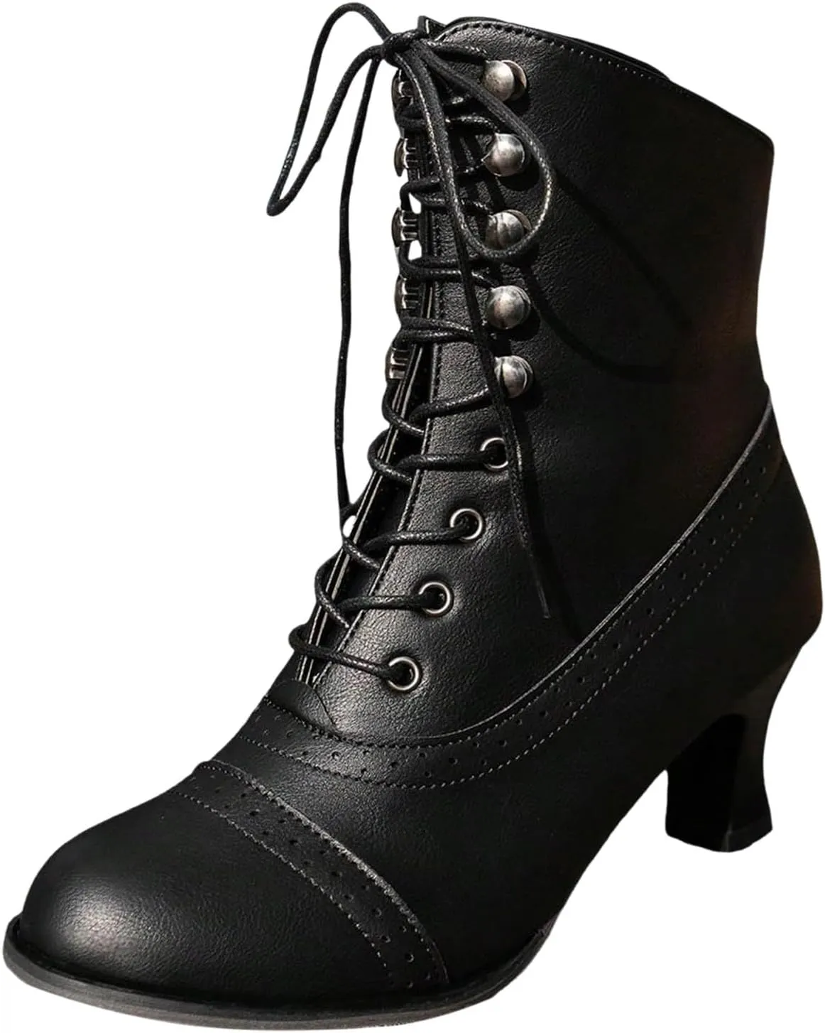 Witch Knight Women's Ankle Boots - Mid Calf, Round Toe, Black, Chunky Heel, Lace Up