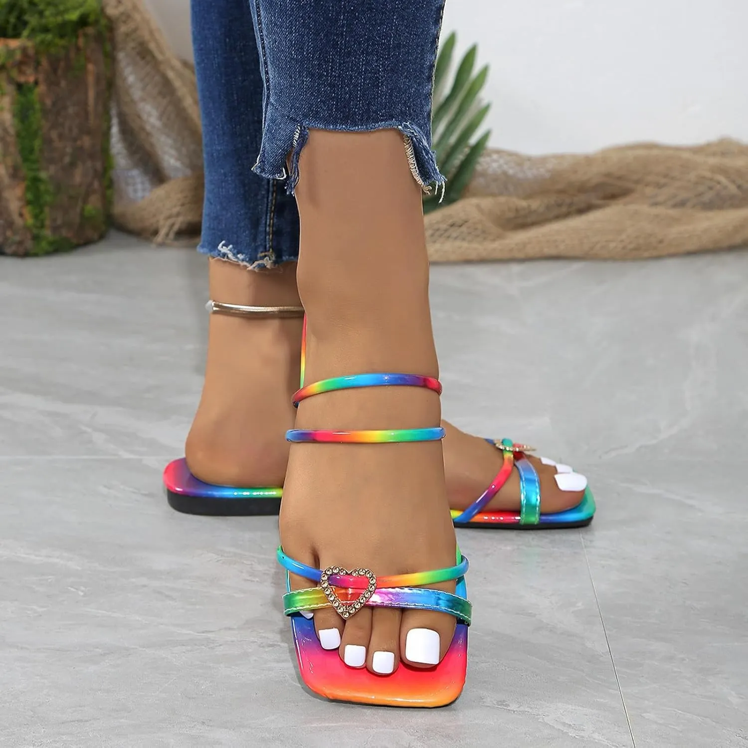 Women Dressy Flat Sandals Rainbow Graphic Slip on Open Toe Comfort Strappy Sandals Non Slip Trendy Summer Sandals Ladies Vintage Beach Sandals