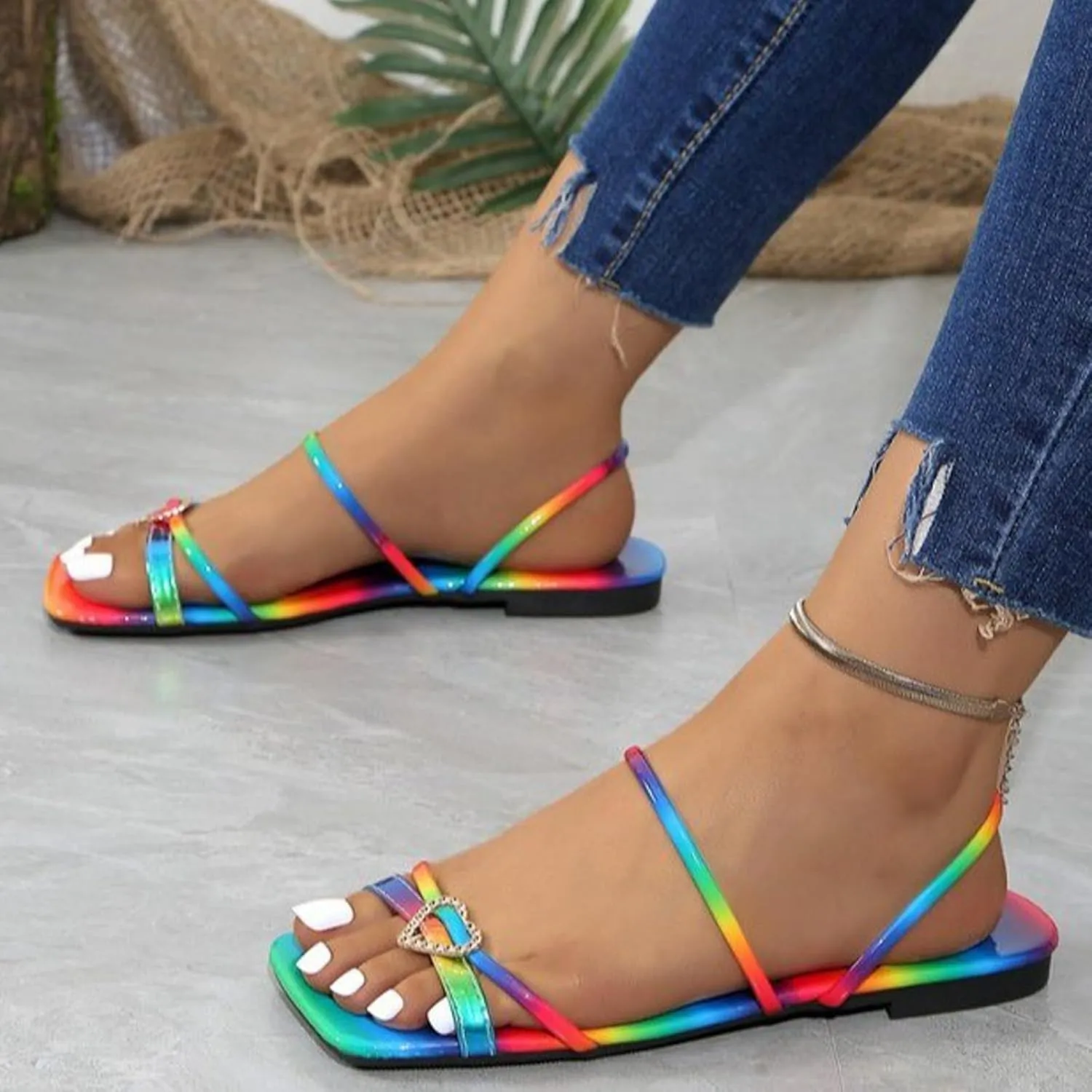 Women Dressy Flat Sandals Rainbow Graphic Slip on Open Toe Comfort Strappy Sandals Non Slip Trendy Summer Sandals Ladies Vintage Beach Sandals