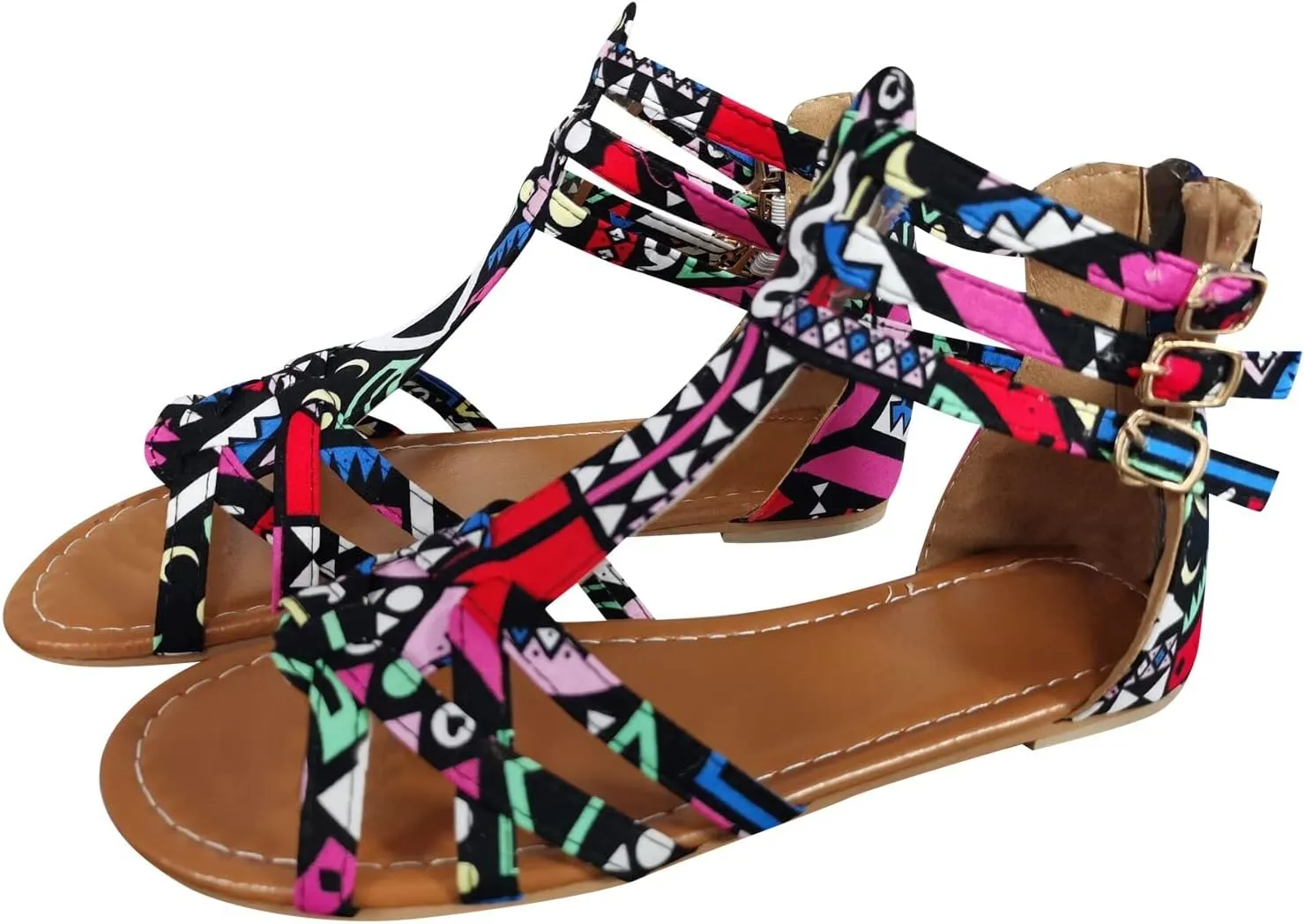 Women Flat Sandals Ankle Strap Back Zipper Sandals T-Strap Open Toe Shoes Casual Bohemian Strappy Sandals (Multicolor, 8.5)