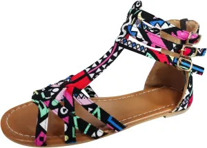 Women Flat Sandals Ankle Strap Back Zipper Sandals T-Strap Open Toe Shoes Casual Bohemian Strappy Sandals (Multicolor, 8.5)