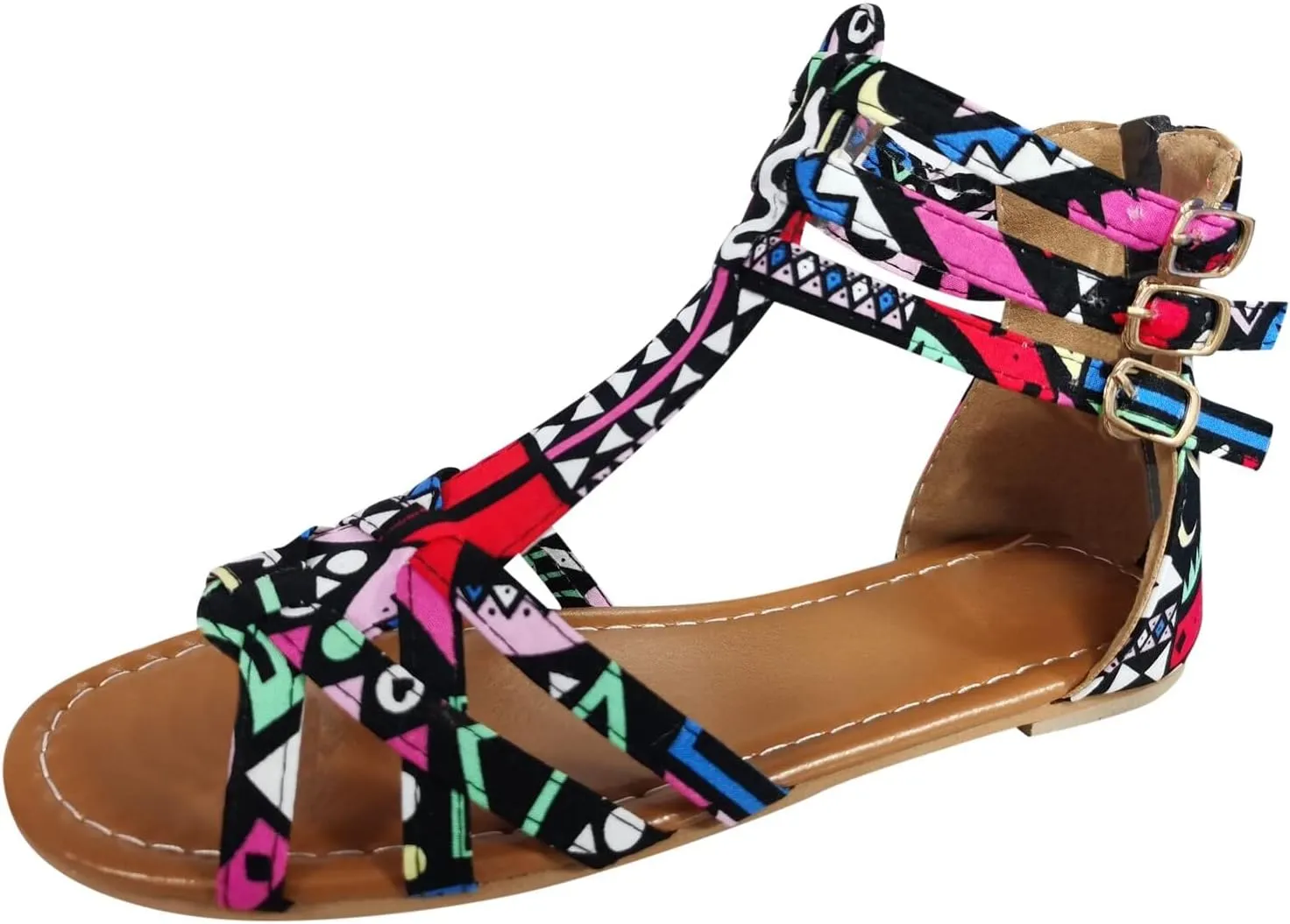 Women Flat Sandals Ankle Strap Back Zipper Sandals T-Strap Open Toe Shoes Casual Bohemian Strappy Sandals (Multicolor, 8.5)