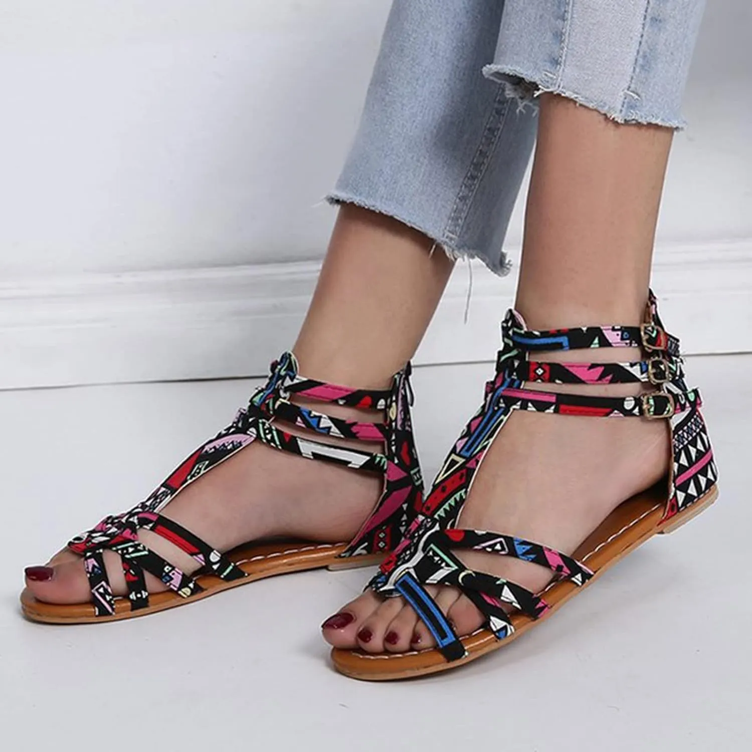 Women Flat Sandals Ankle Strap Back Zipper Sandals T-Strap Open Toe Shoes Casual Bohemian Strappy Sandals (Multicolor, 8.5)