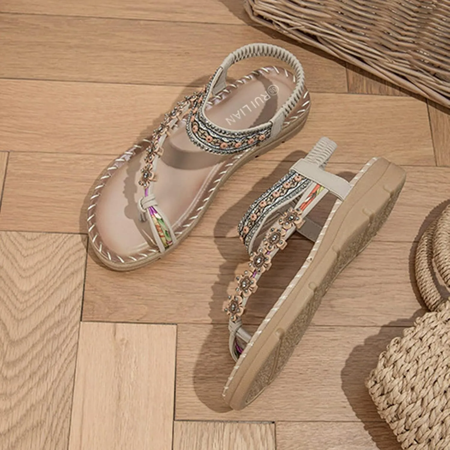 Women Flat Sandals Peep toe Boho toe Loop Woven One toe Sling Sandals Braided Beach Elastic Band toe Ring Falt