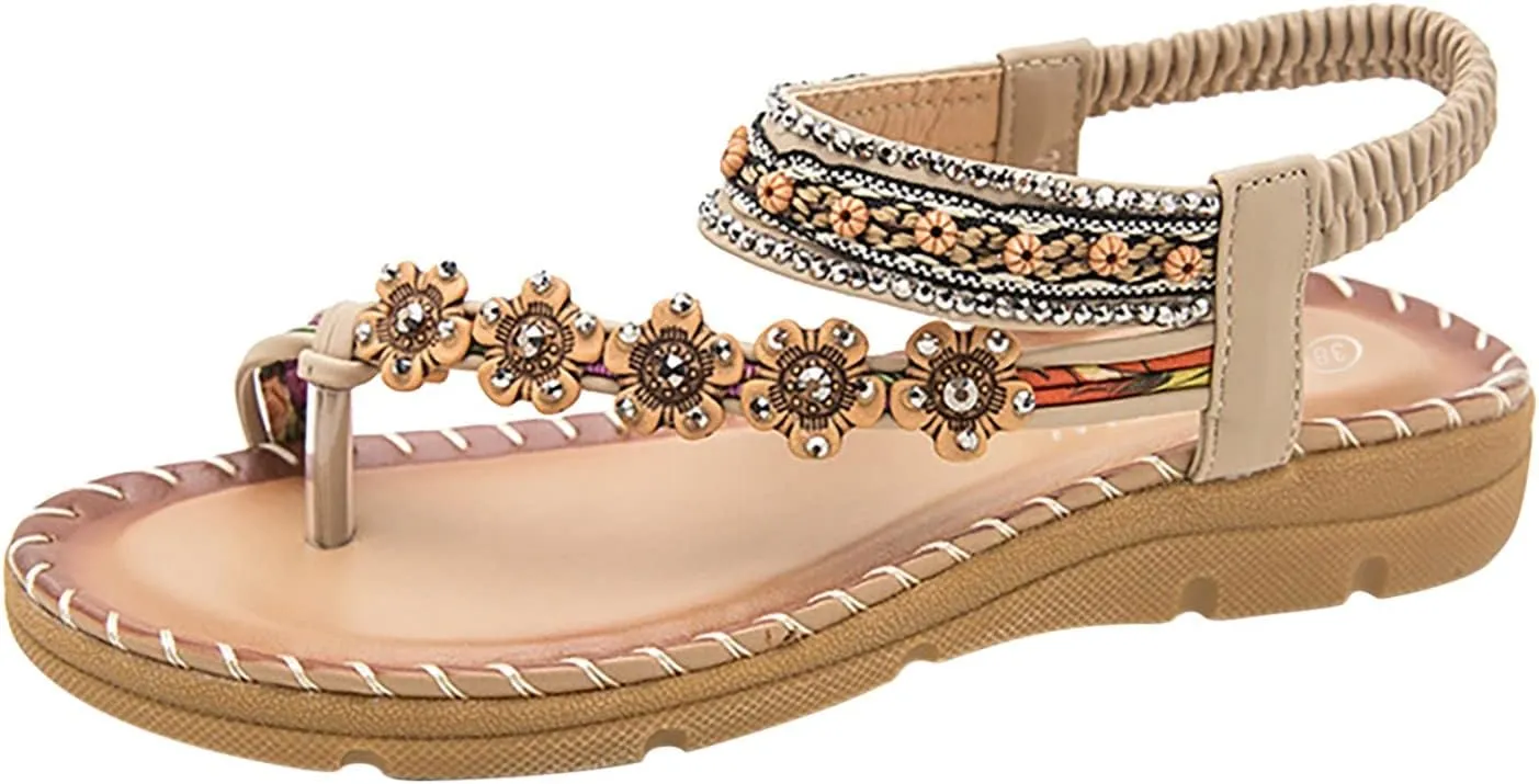 Women Flat Sandals Peep toe Boho toe Loop Woven One toe Sling Sandals Braided Beach Elastic Band toe Ring Falt