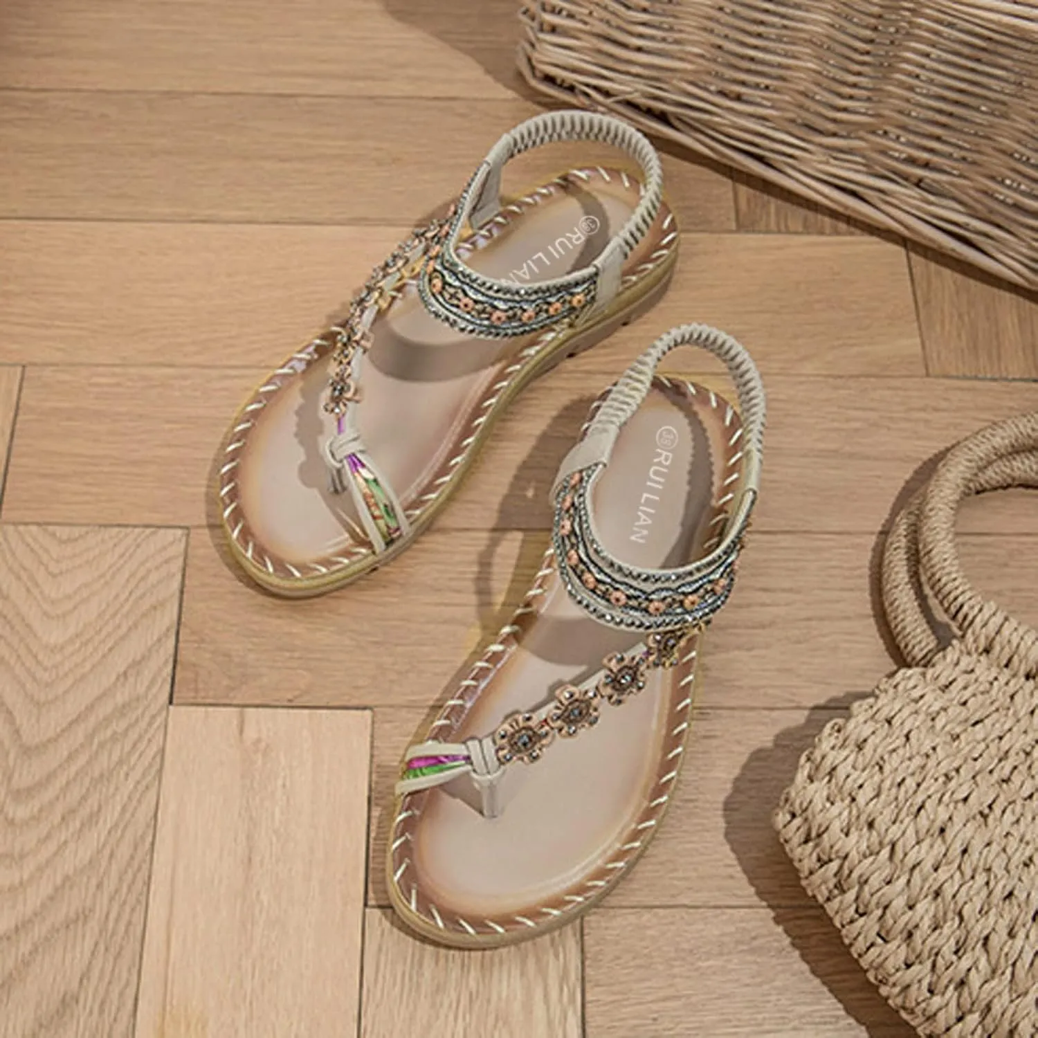 Women Flat Sandals Peep toe Boho toe Loop Woven One toe Sling Sandals Braided Beach Elastic Band toe Ring Falt