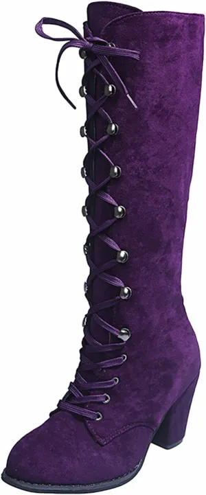 Women Knee High Chunky Heel Boots Casual Knee High Boots for Women Chunky Heel Lace up Pointed Toe Western Women Boot