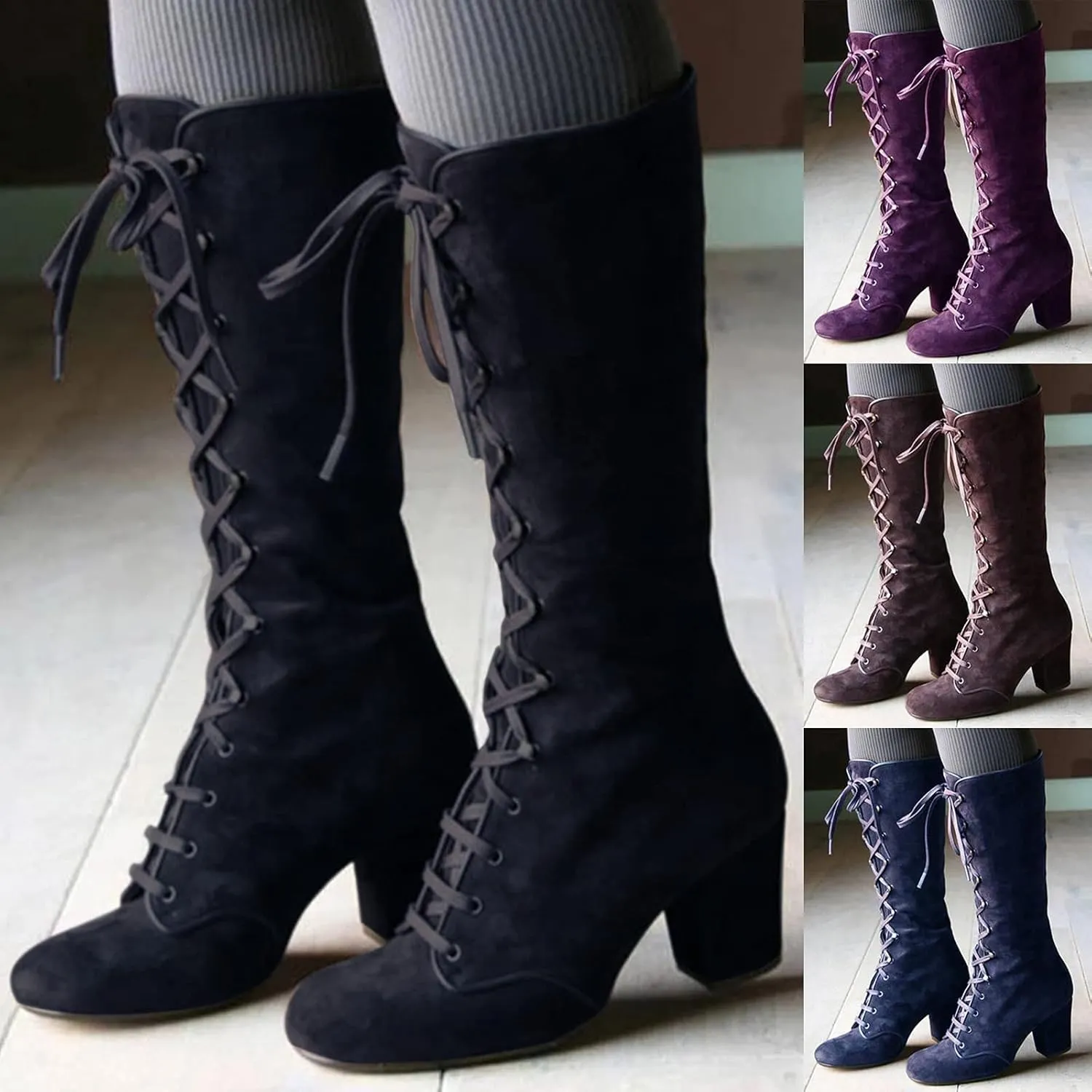 Women Knee High Chunky Heel Boots Casual Knee High Boots for Women Chunky Heel Lace up Pointed Toe Western Women Boot
