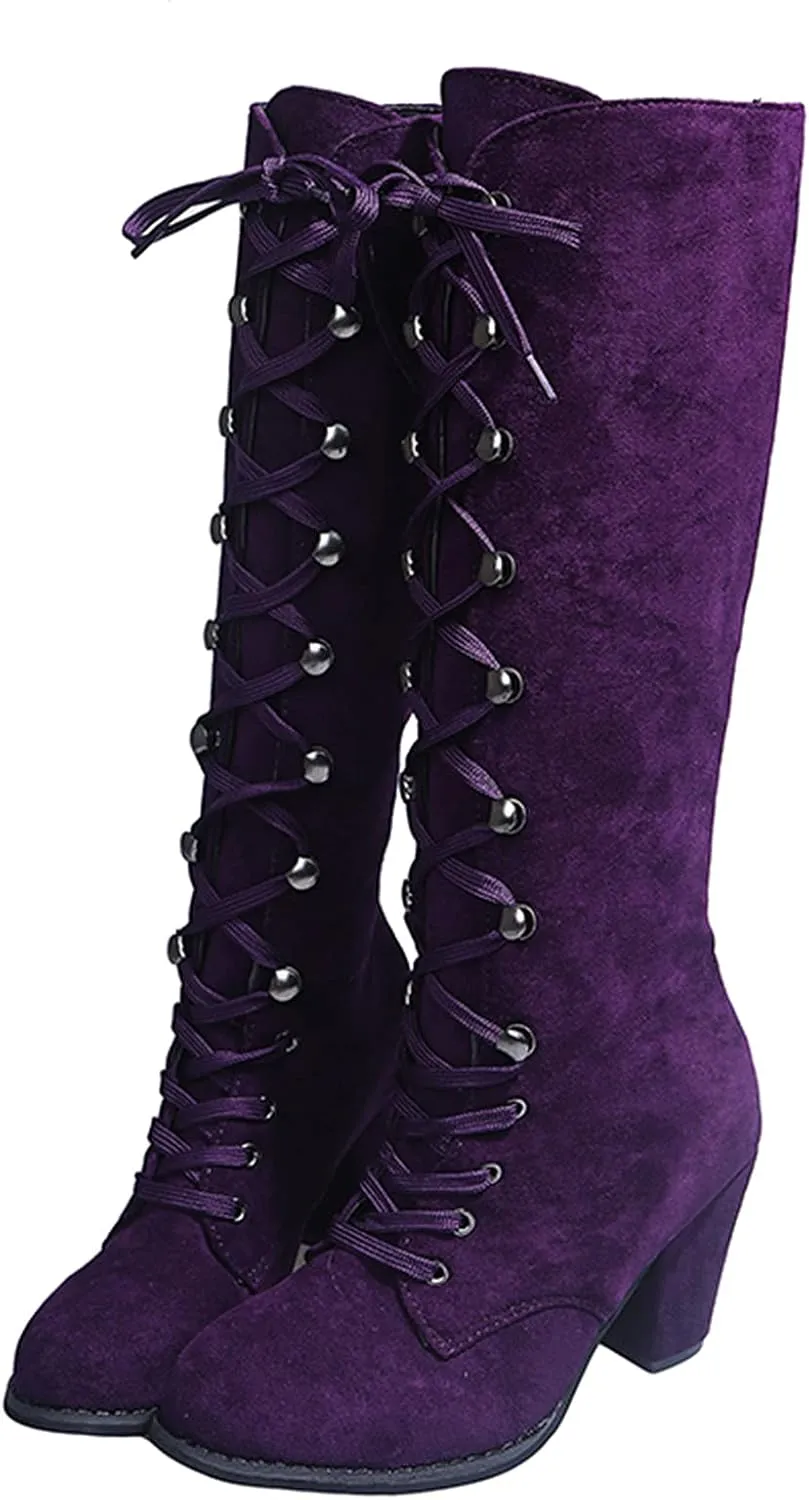 Women Knee High Chunky Heel Boots Casual Knee High Boots for Women Chunky Heel Lace up Pointed Toe Western Women Boot