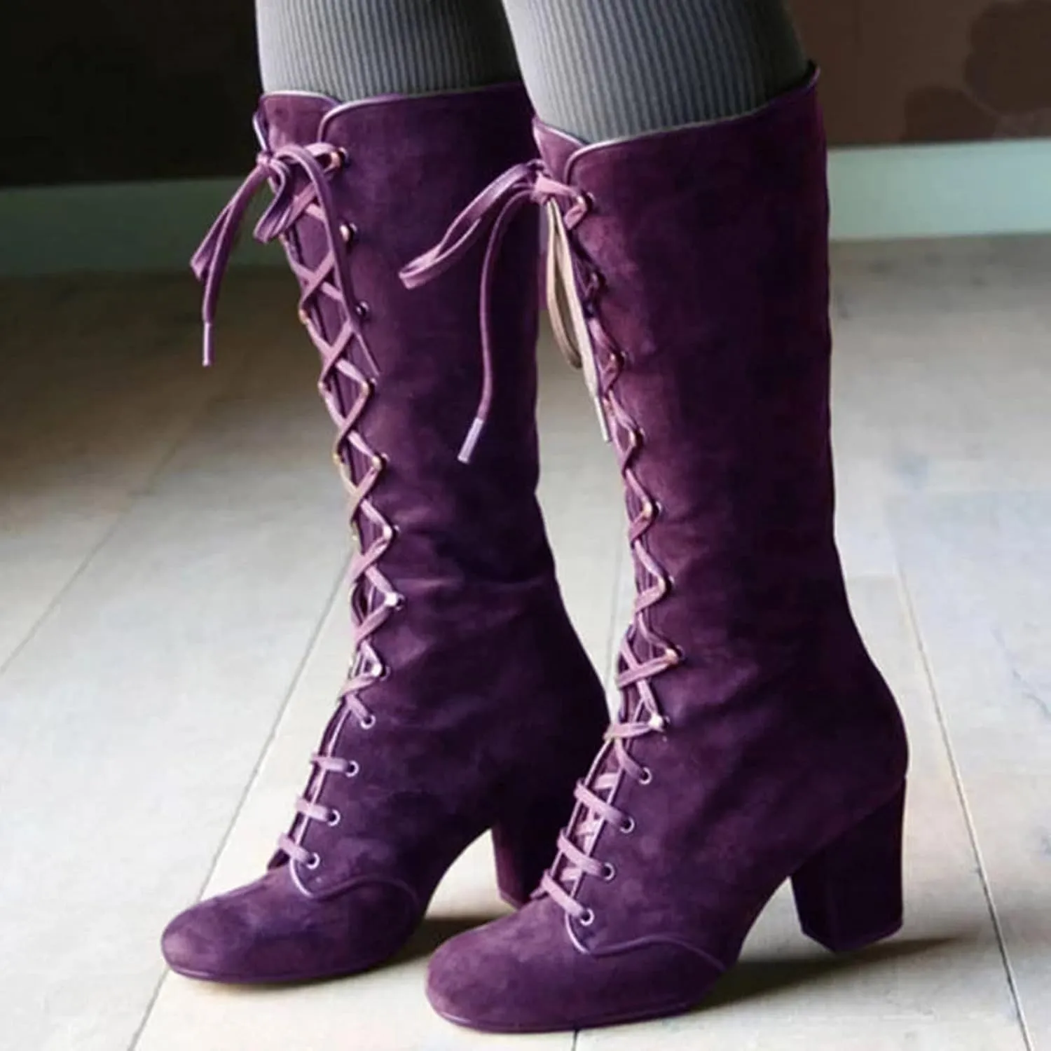 Women Knee High Chunky Heel Boots Casual Knee High Boots for Women Chunky Heel Lace up Pointed Toe Western Women Boot