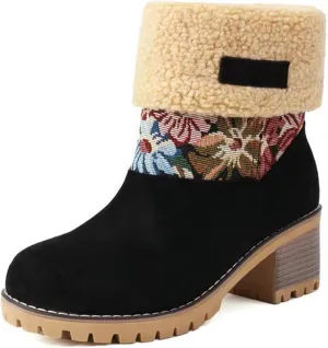 Women Warm Short Boots Winter Snow Fleece Fuzzy Suede Chunky Mid Heel Round Toe Ankle Booties Chunky Mid Calf Boots