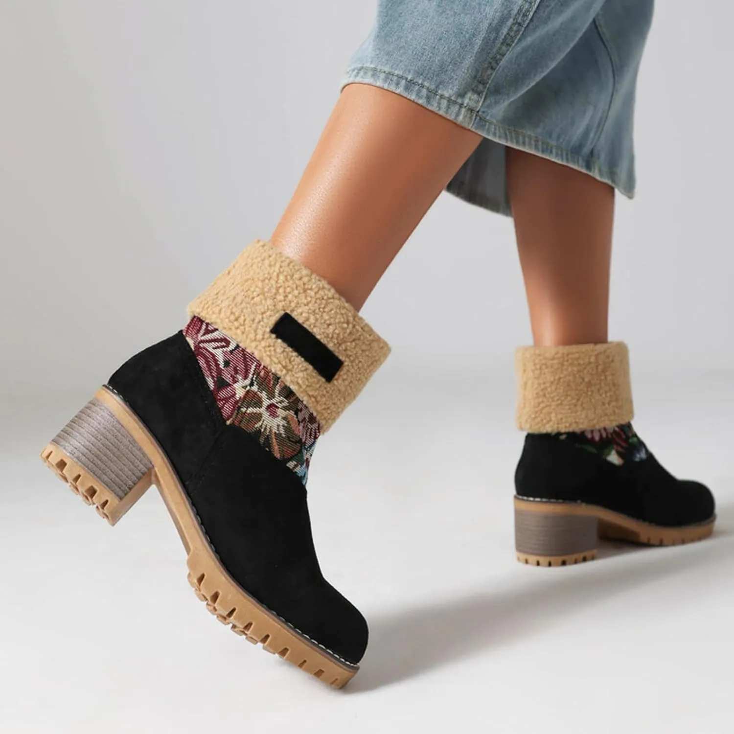 Women Warm Short Boots Winter Snow Fleece Fuzzy Suede Chunky Mid Heel Round Toe Ankle Booties Chunky Mid Calf Boots