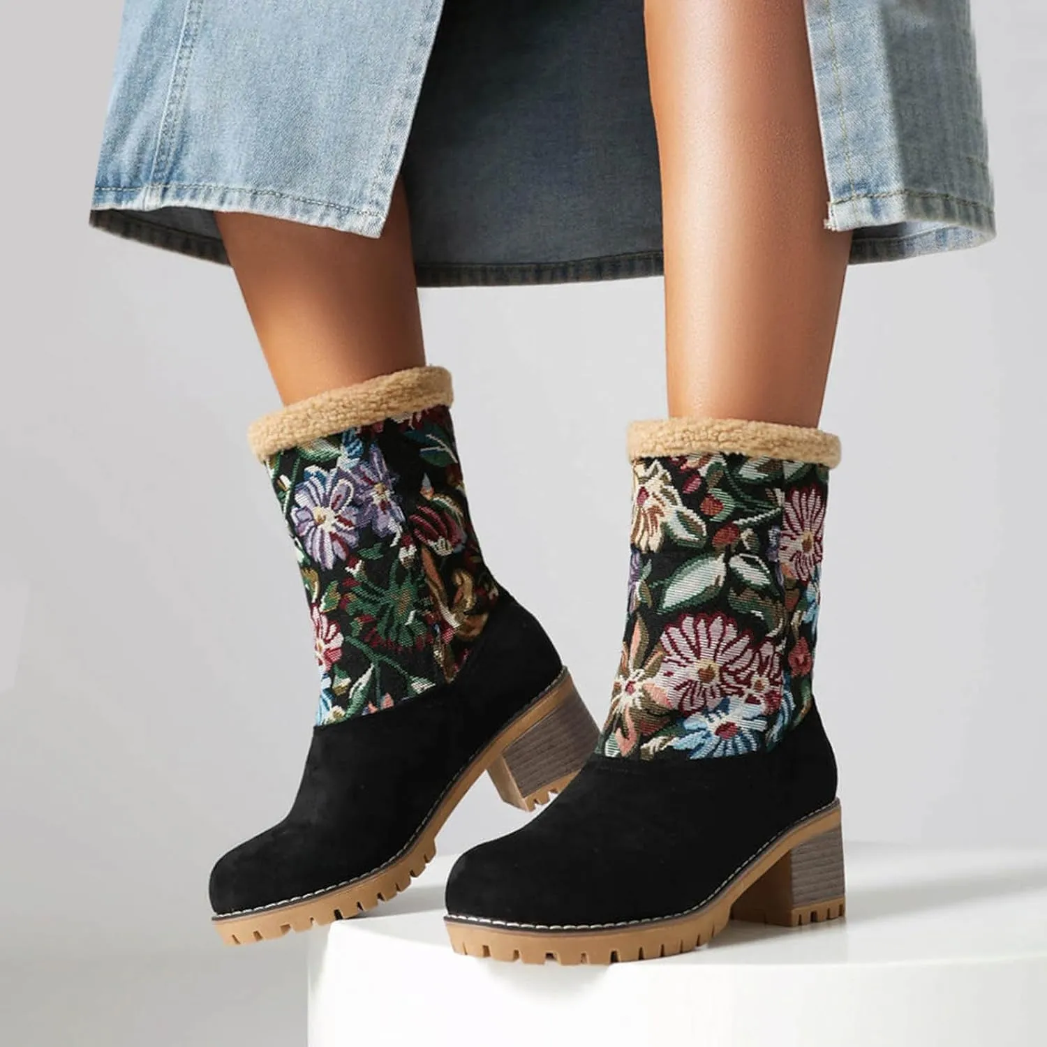 Women Warm Short Boots Winter Snow Fleece Fuzzy Suede Chunky Mid Heel Round Toe Ankle Booties Chunky Mid Calf Boots