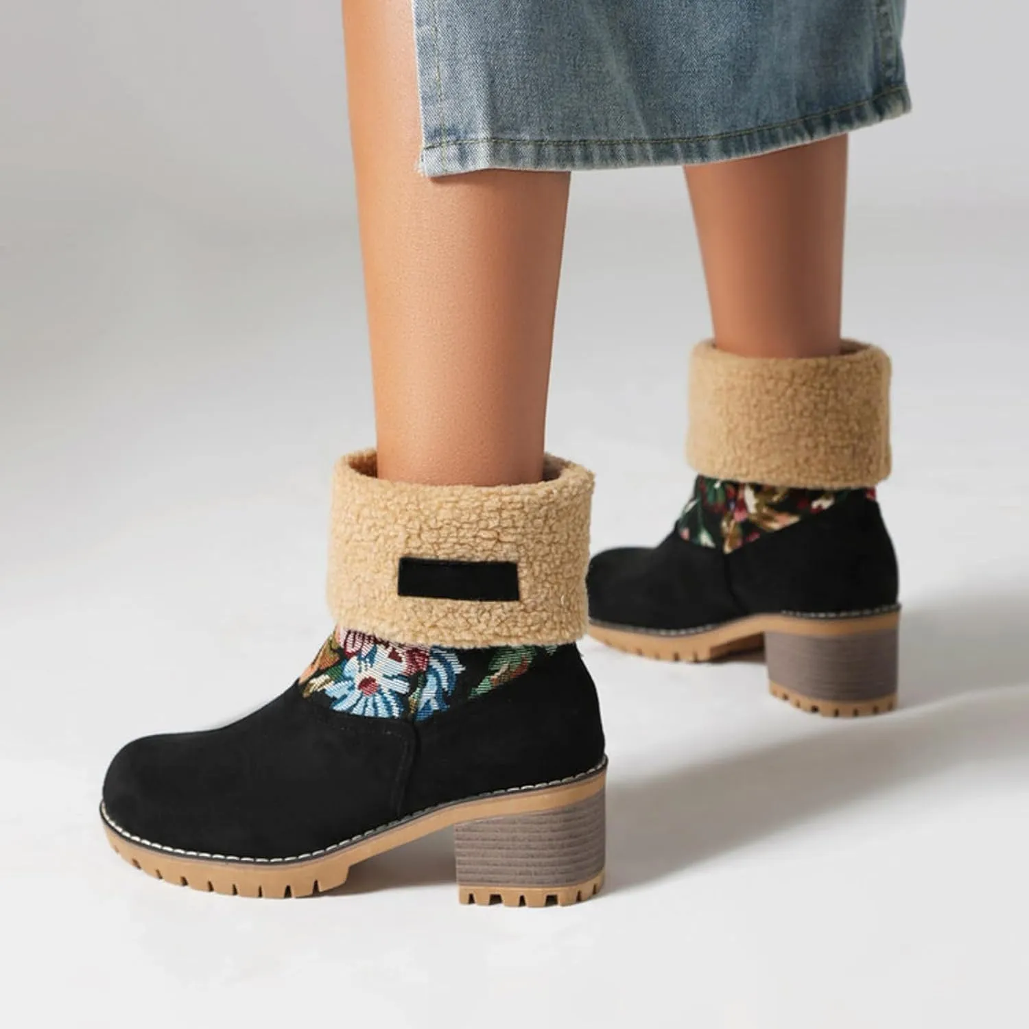 Women Warm Short Boots Winter Snow Fleece Fuzzy Suede Chunky Mid Heel Round Toe Ankle Booties Chunky Mid Calf Boots