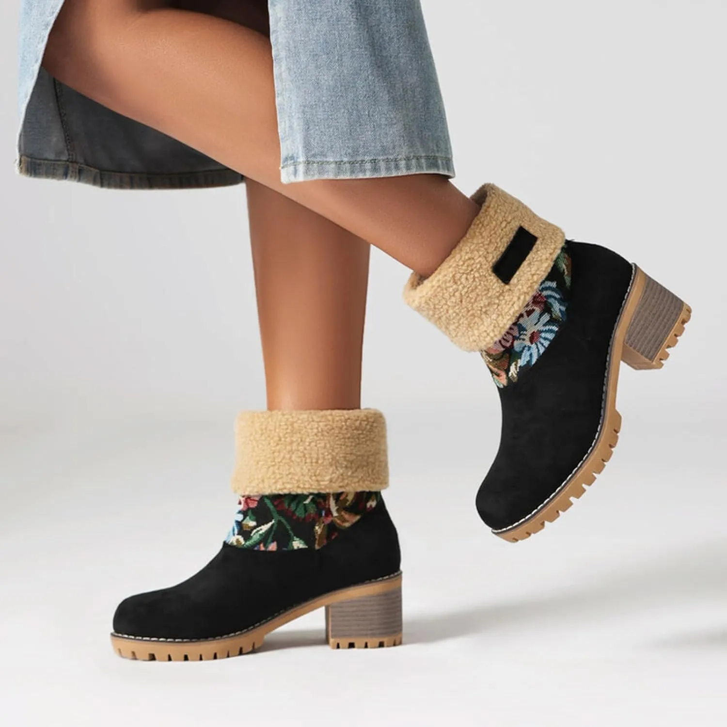 Women Warm Short Boots Winter Snow Fleece Fuzzy Suede Chunky Mid Heel Round Toe Ankle Booties Chunky Mid Calf Boots