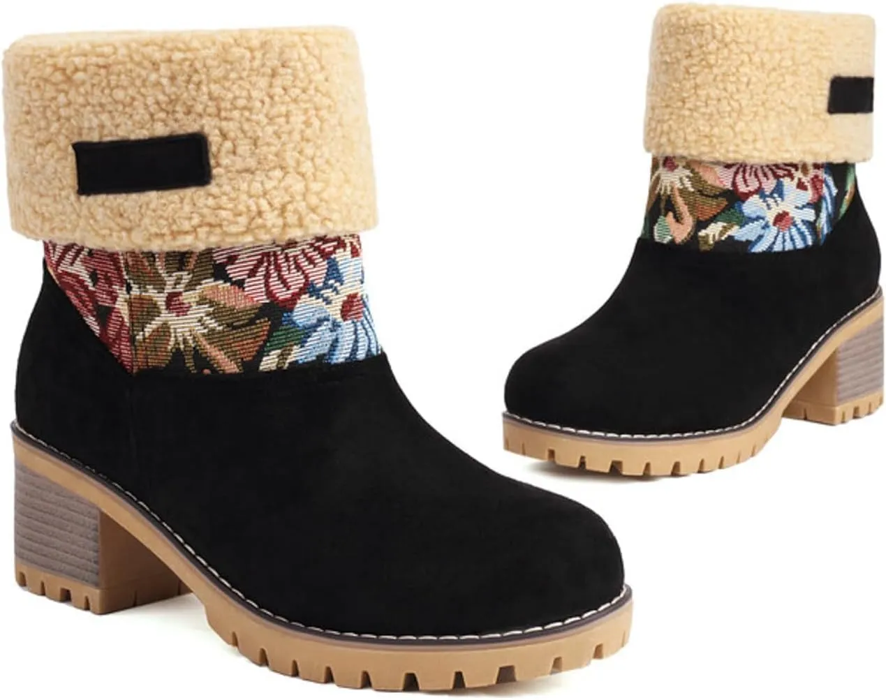 Women Warm Short Boots Winter Snow Fleece Fuzzy Suede Chunky Mid Heel Round Toe Ankle Booties Chunky Mid Calf Boots