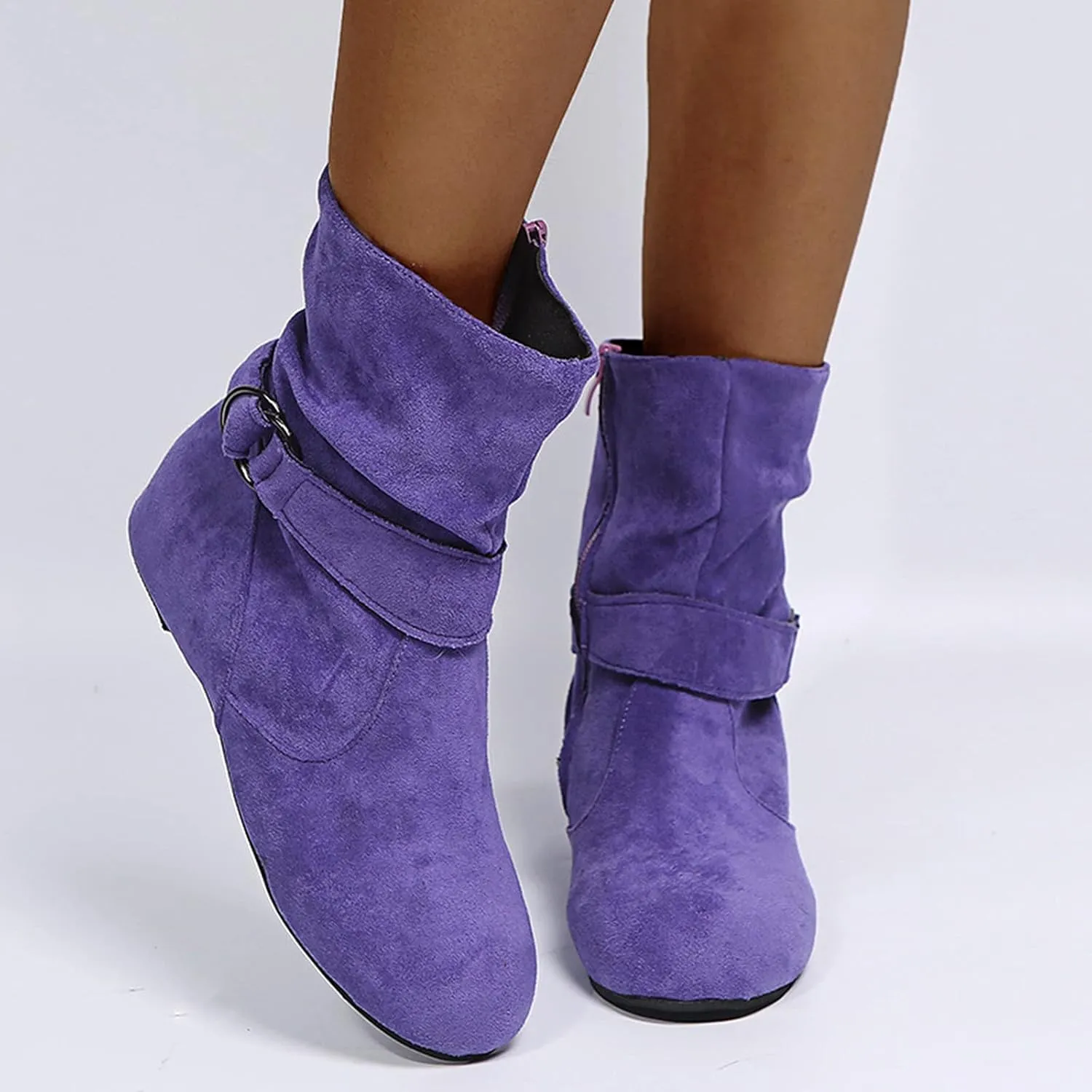 Women's Ankle Boots With Side Zipper Casual Winter Mid Calf Short Boots Slouchy Ruched Suede Flats Ankle Booties