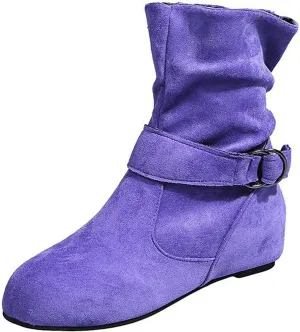 Women's Ankle Boots With Side Zipper Casual Winter Mid Calf Short Boots Slouchy Ruched Suede Flats Ankle Booties