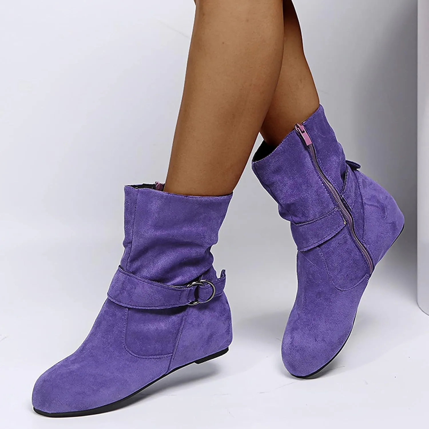 Women's Ankle Boots With Side Zipper Casual Winter Mid Calf Short Boots Slouchy Ruched Suede Flats Ankle Booties