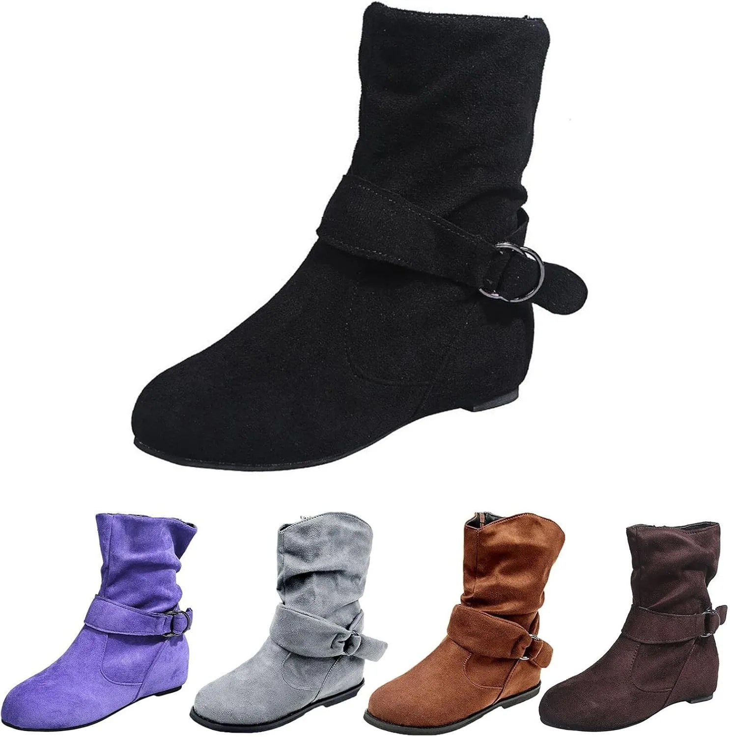 Women's Ankle Boots With Side Zipper Casual Winter Mid Calf Short Boots Slouchy Ruched Suede Flats Ankle Booties