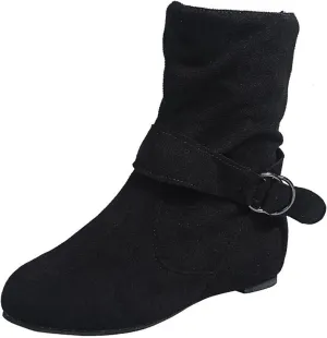 Women's Ankle Boots With Side Zipper Casual Winter Mid Calf Short Boots Slouchy Ruched Suede Flats Ankle Booties