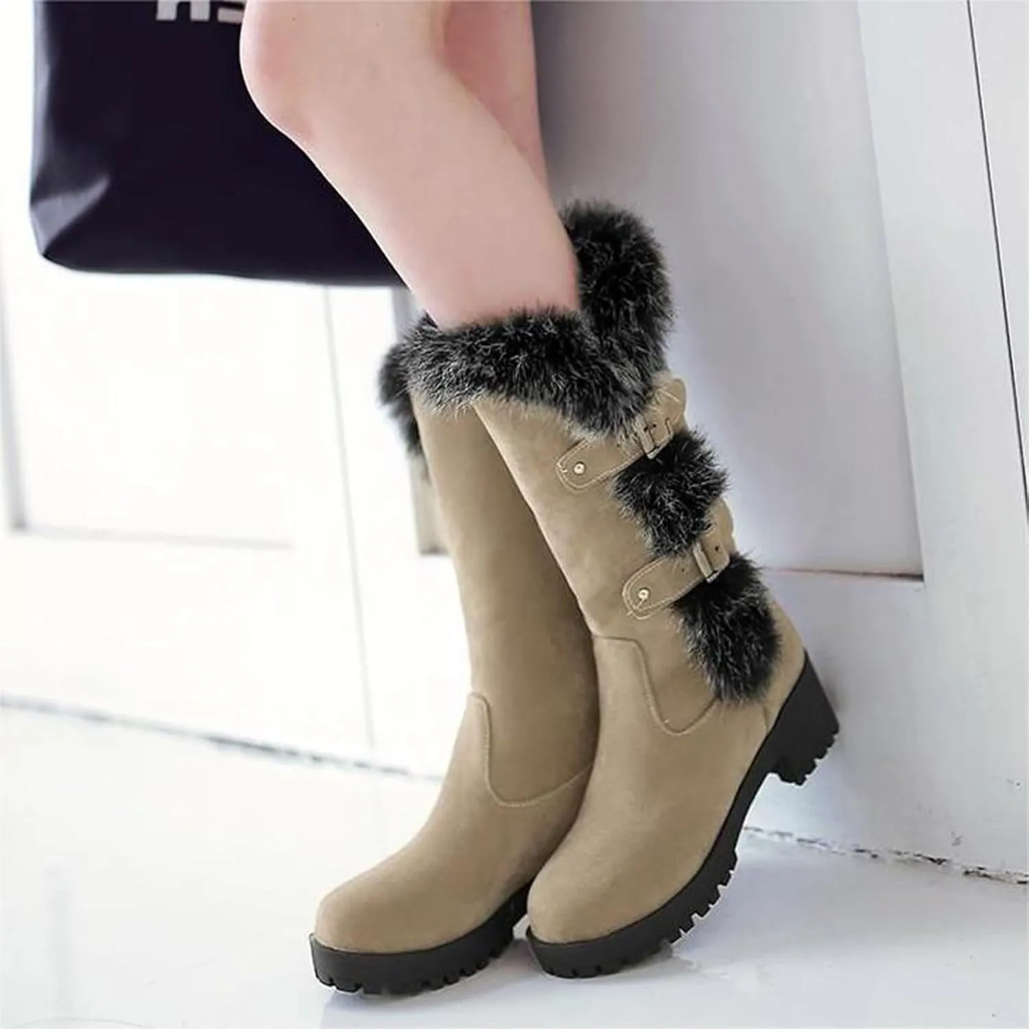 Women's Autumn and Winter Fashion Suede Warm Furry Boots Belt Buckle Thick Soled Mid Calf Large Calf Boots for Women