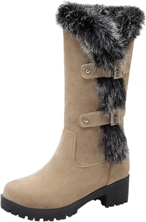 Women's Autumn and Winter Fashion Suede Warm Furry Boots Belt Buckle Thick Soled Mid Calf Large Calf Boots for Women