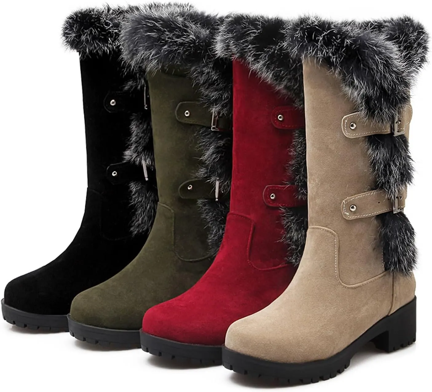 Women's Autumn and Winter Fashion Suede Warm Furry Boots Belt Buckle Thick Soled Mid Calf Large Calf Boots for Women