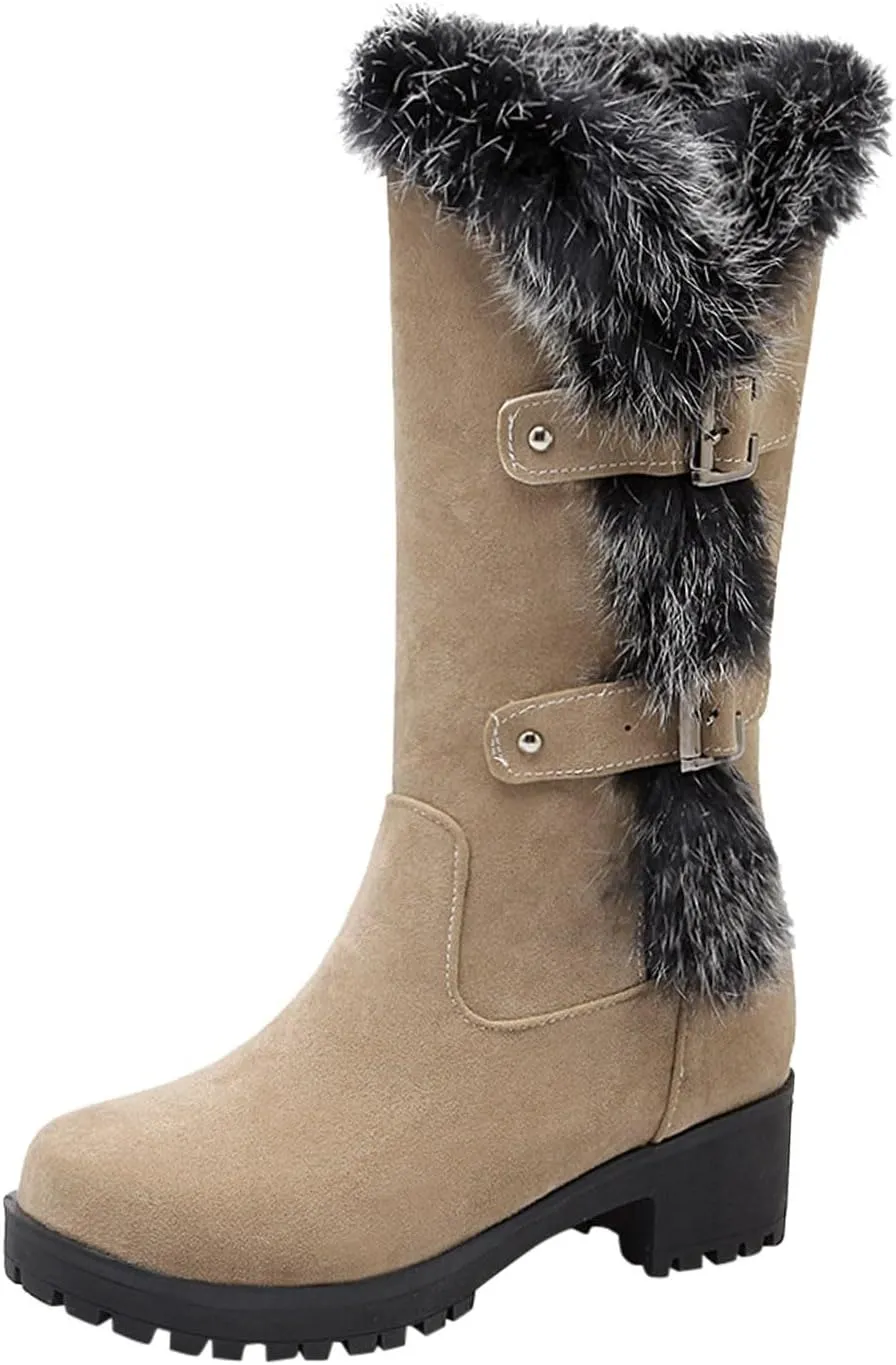 Women's Autumn and Winter Fashion Suede Warm Furry Boots Belt Buckle Thick Soled Mid Calf Large Calf Boots for Women