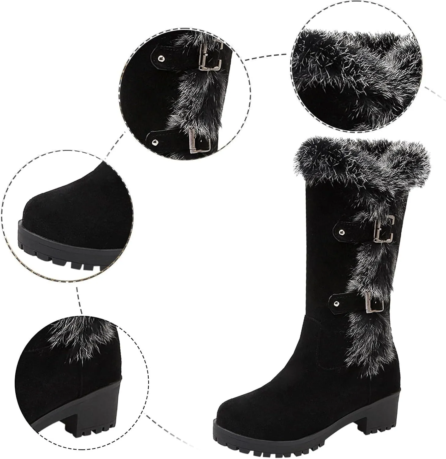 Women's Autumn and Winter Fashion Suede Warm Furry Boots Belt Buckle Thick Soled Mid Calf Large Calf Boots for Women
