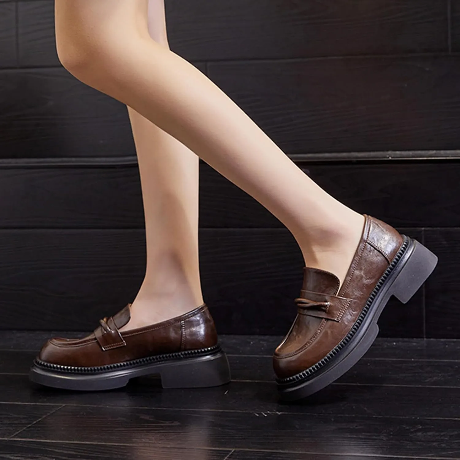Women's Chunky Heel Slip-On Loafers: Retro Classic Platform Round Toe Business Fashion Single Shoes for Commuting and Small Leather Shoes,Brown-39