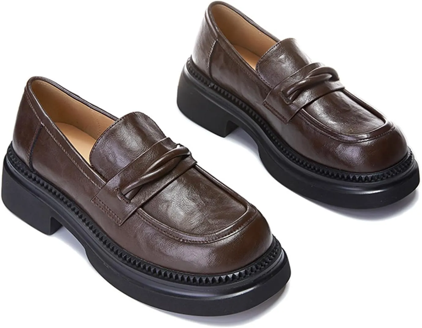 Women's Chunky Heel Slip-On Loafers: Retro Classic Platform Round Toe Business Fashion Single Shoes for Commuting and Small Leather Shoes,Brown-39