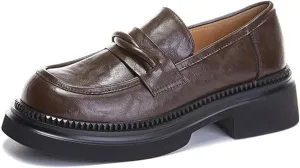 Women's Chunky Heel Slip-On Loafers: Retro Classic Platform Round Toe Business Fashion Single Shoes for Commuting and Small Leather Shoes,Brown-39