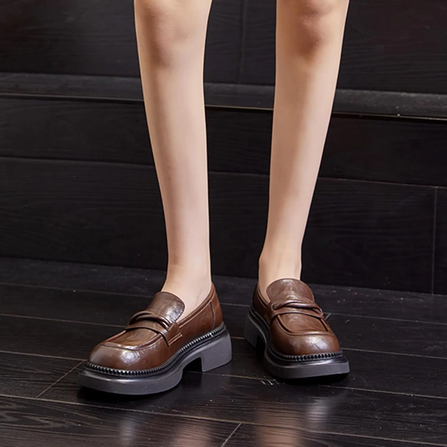 Women's Chunky Heel Slip-On Loafers: Retro Classic Platform Round Toe Business Fashion Single Shoes for Commuting and Small Leather Shoes,Brown-39