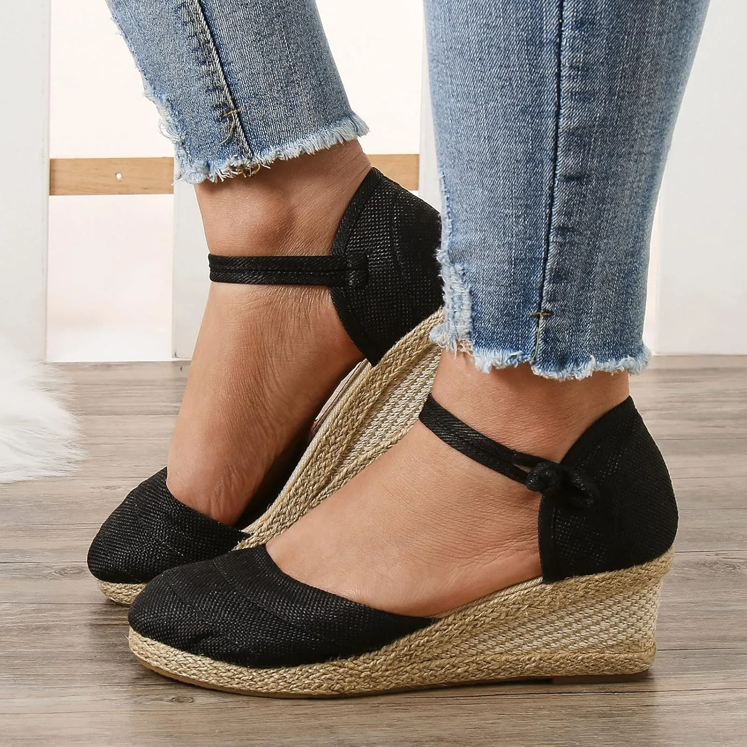 Women's Espadrille Wedges Sandals Bohemian Slip-ons Beach Shoes Platform Canvas Shoes Closed Toe Lace up Summer Shoes