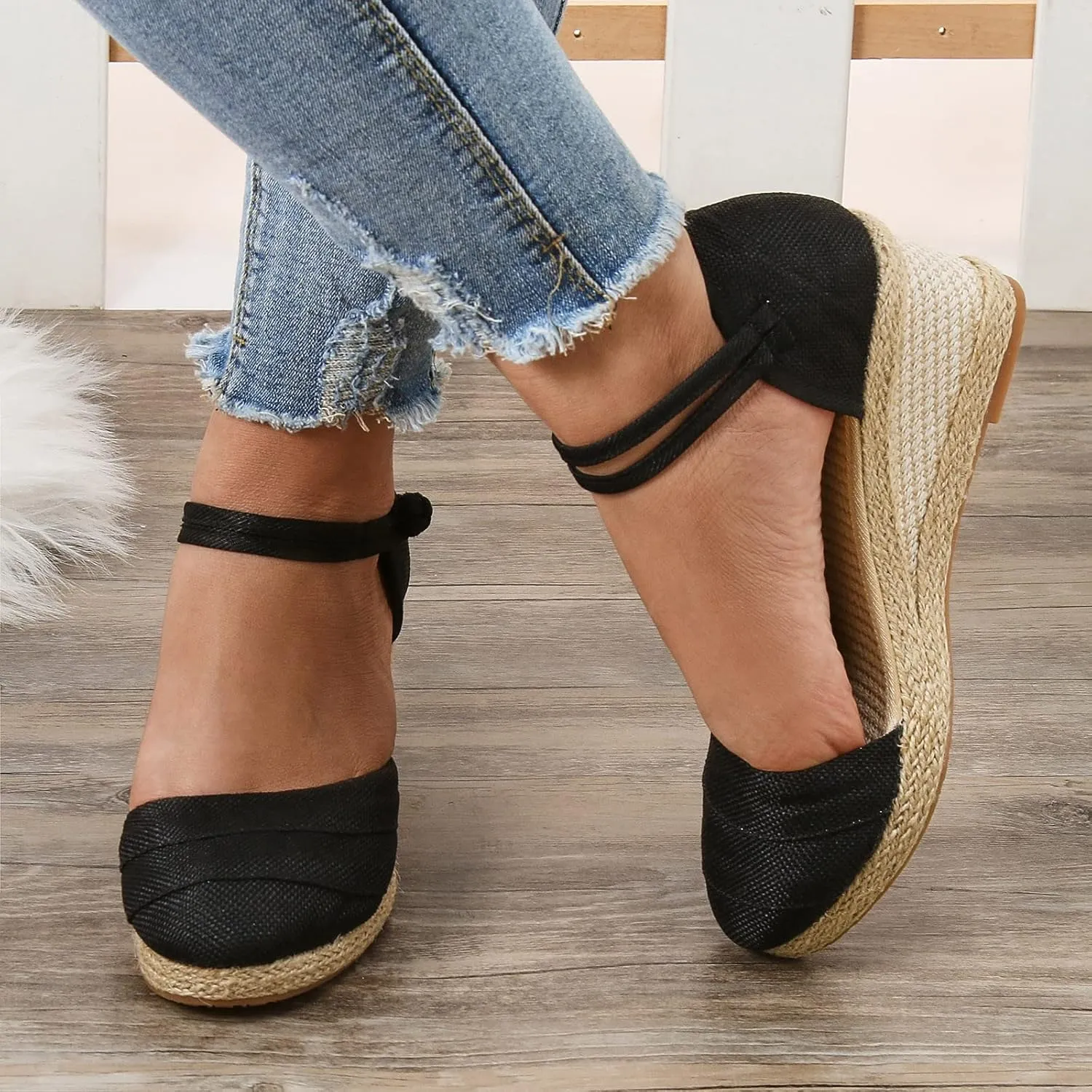 Women's Espadrille Wedges Sandals Bohemian Slip-ons Beach Shoes Platform Canvas Shoes Closed Toe Lace up Summer Shoes