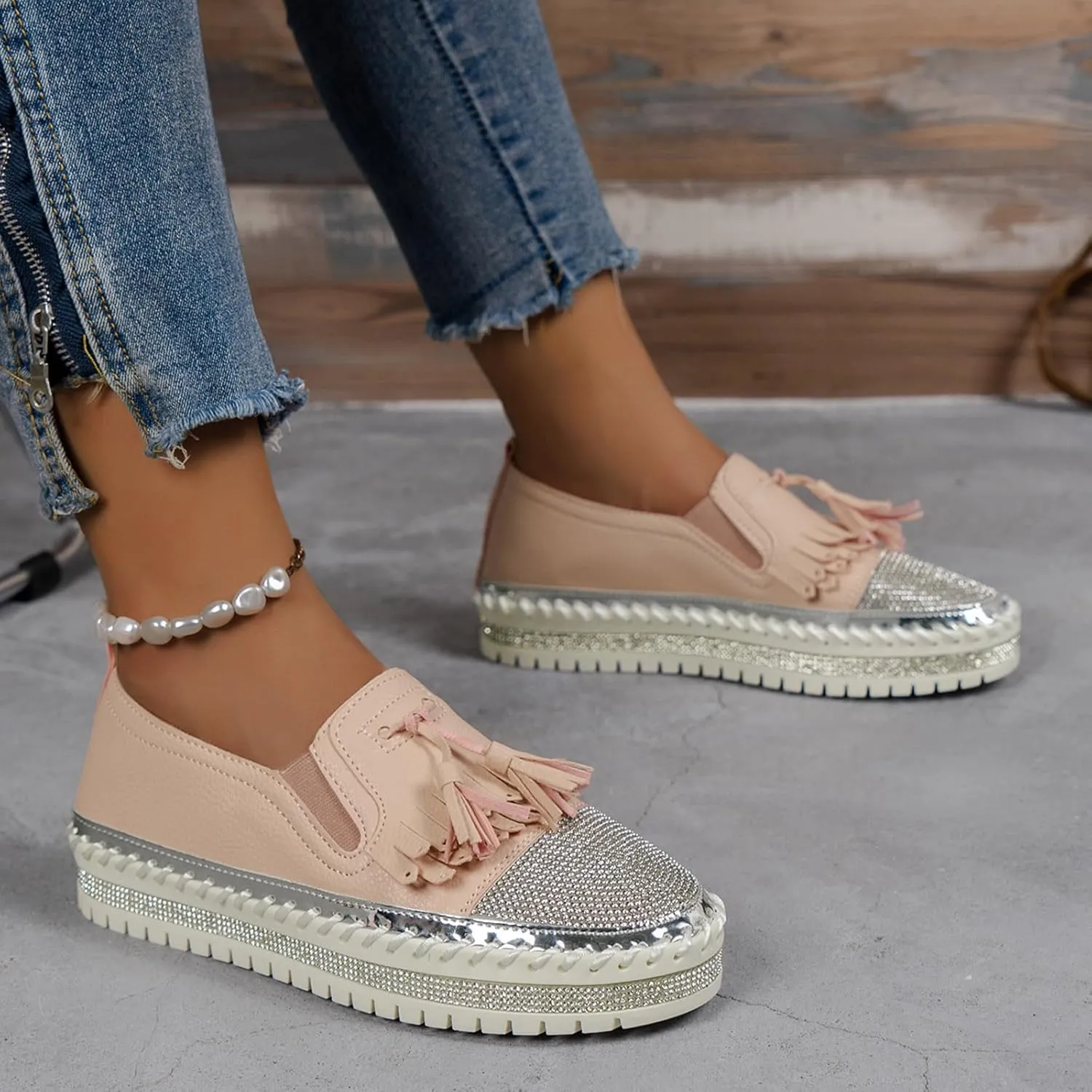 Women's Fashion Leather Loafers Sparkly Rhinestone Tassel Decoration Thick Sole Shoes Orthopedic Slip-On Loafers